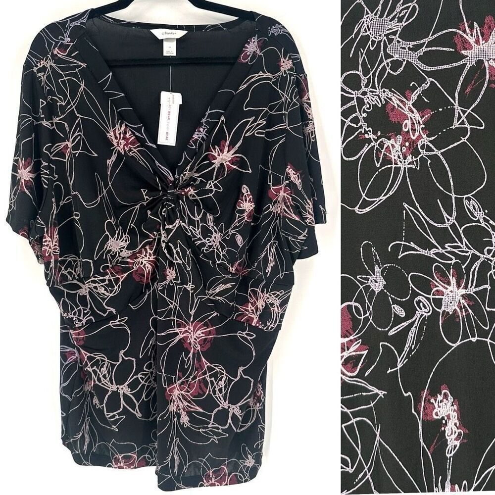 NWT CJ Banks Floral Blouse Black & Purple Coquette Top Size 3X SS Whimsy Fairy